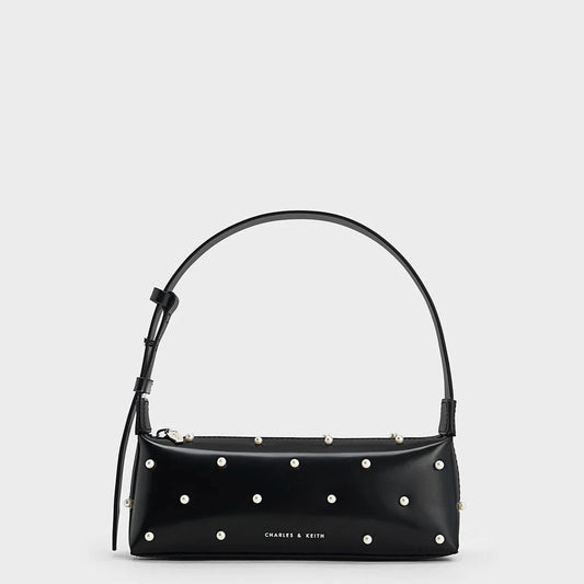 Charless & Keeith Pearl-Embellished leather Top Handle Bag-Black