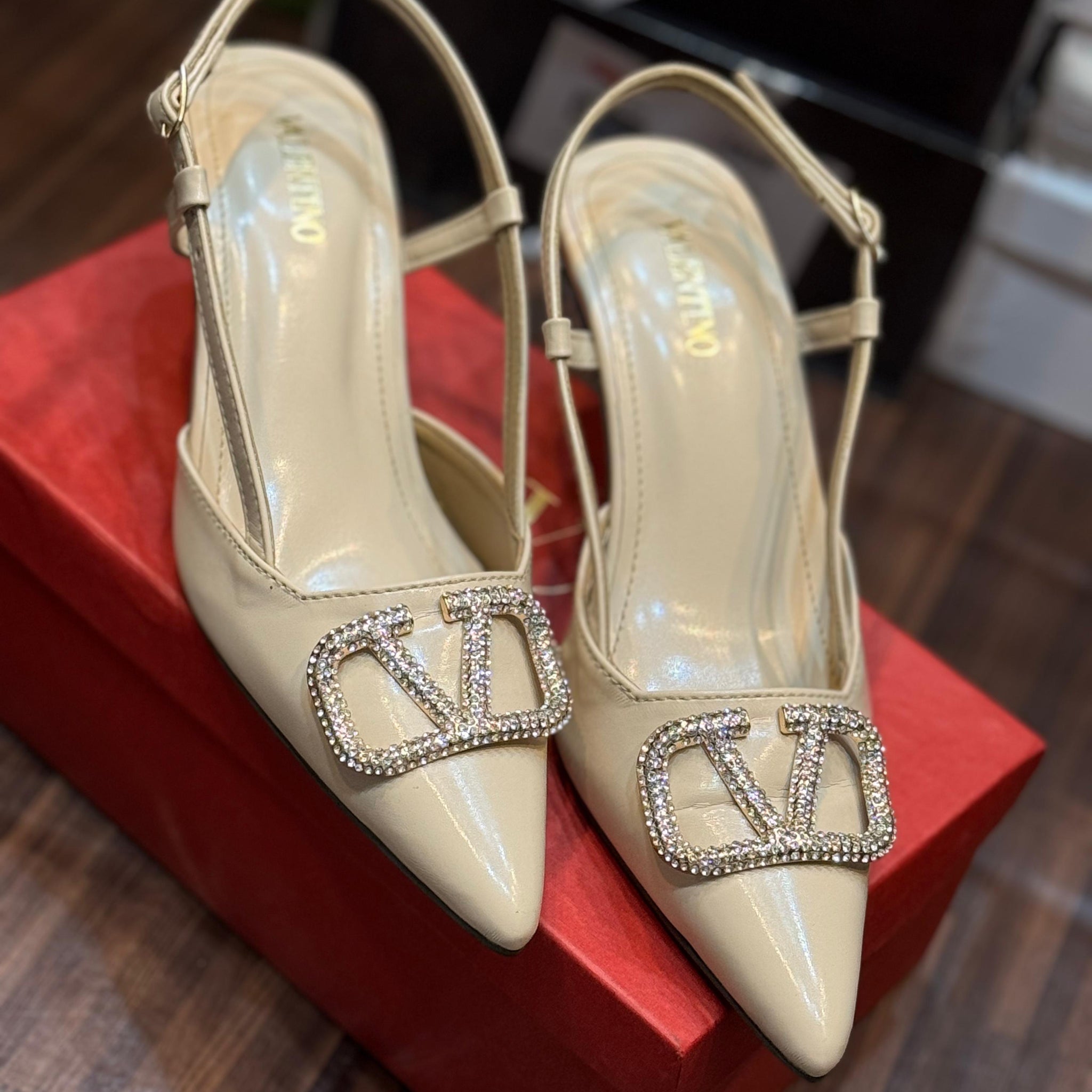 Valentino Rhinestone Buckle Pointed Toe Heel